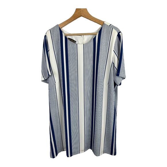Shop Tuong Womens size Large Striped Silk Shirt Dress Nautical White Blue - Picture 1 of 7